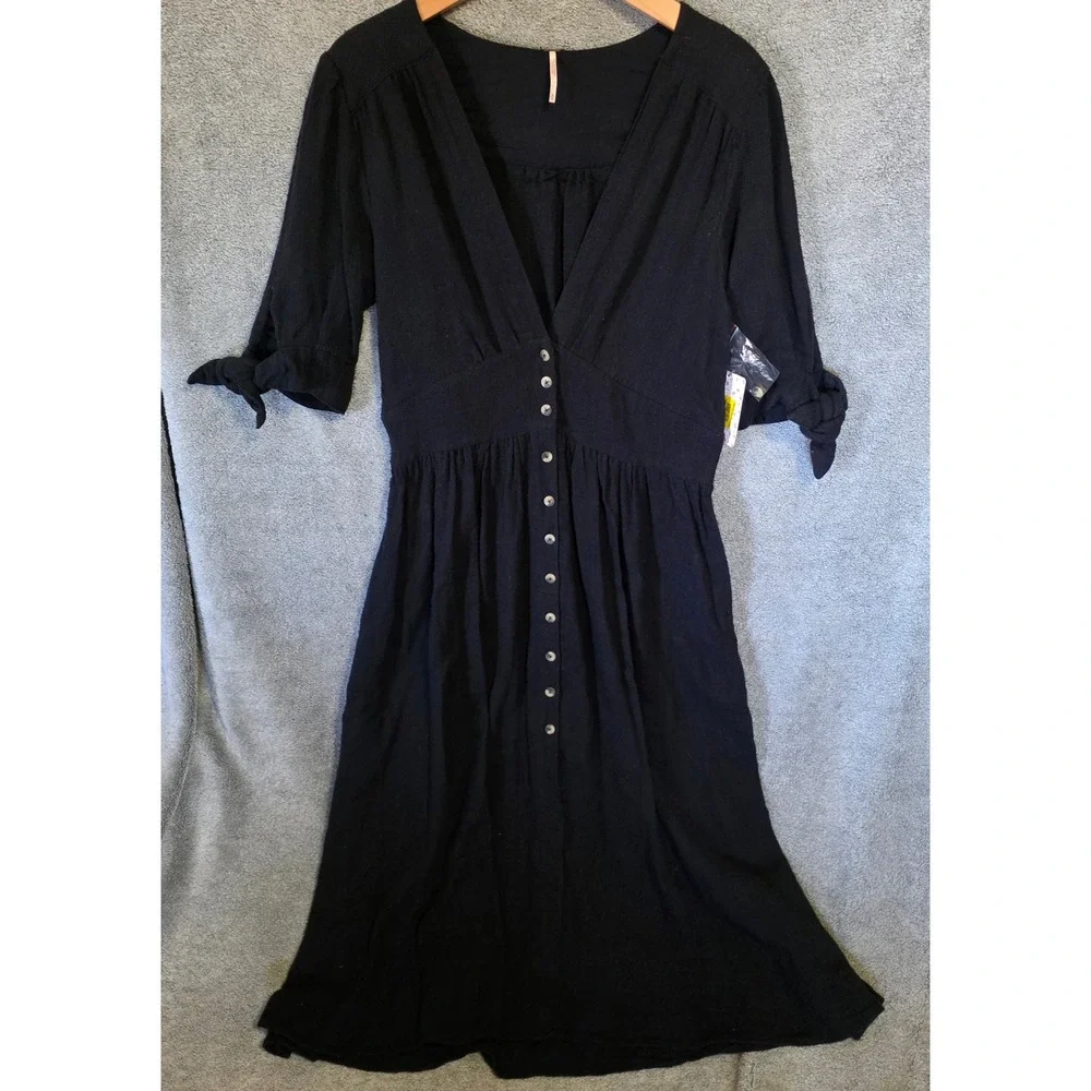 Free People Love Of My Life Black Midi Dress Button Front Tie Sleeve OB1008307 M